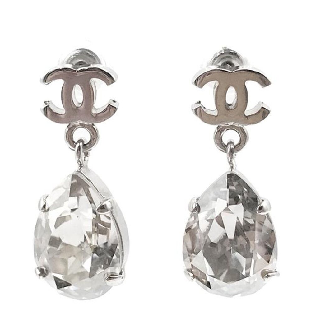 Chanel Silver CC Tear Drop Crystal Shiny Piercing Earrings